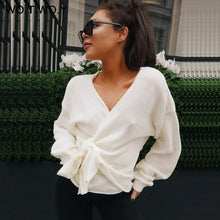 Load image into Gallery viewer, WOTWOY Lace Up V Neck Cross Winter Knitted Sweaters Women Off-shoulder Pink Streetwear Sexy Oversized Cardigans Women 2019 Hot