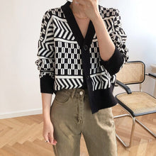 Load image into Gallery viewer, Women V-neck Cardigan Sweater Coat 2019 Autumn Winter New Fashion Casual Comfortable Wild Patchwork Knit Cardigan Women Sweater