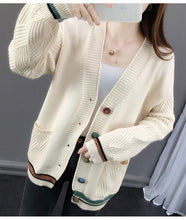 Load image into Gallery viewer, Women Autumn White Black Yellow Red Blue V-neck Pocket Buttons Cardigan Sweater Teenage Student Girls Knitted Slim Jacket Coat