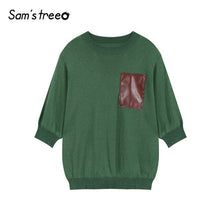 Load image into Gallery viewer, Samstree Half Sleeve Leather Pockets Patchwork Korean Style Women Sweater 2019 Autumn Knitted Top Casual Loose Female Sweaters
