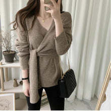 Load image into Gallery viewer, Women Autumn Sexy V Neck Pullover lacing Sweater Female Jumper Long Sleeve Knitted Tops Pull Femme Hiver Sueter Mujer