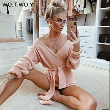 Load image into Gallery viewer, WOTWOY Lace Up V Neck Cross Winter Knitted Sweaters Women Off-shoulder Pink Streetwear Sexy Oversized Cardigans Women 2019 Hot
