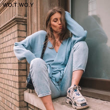 Load image into Gallery viewer, WOTWOY Lace Up V Neck Cross Winter Knitted Sweaters Women Off-shoulder Pink Streetwear Sexy Oversized Cardigans Women 2019 Hot
