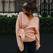 Load image into Gallery viewer, WOTWOY Lace Up V Neck Cross Winter Knitted Sweaters Women Off-shoulder Pink Streetwear Sexy Oversized Cardigans Women 2019 Hot
