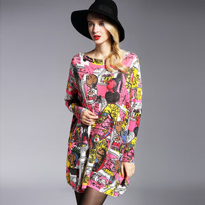Jielur 2019 New Cartoon Printed Women's Sweater Autumn Fashion Loose Slash Neck Long Knitted Sweater Casual Clothes Green Red