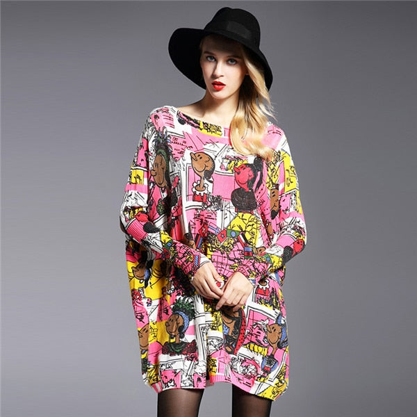 Jielur 2019 New Cartoon Printed Women's Sweater Autumn Fashion Loose Slash Neck Long Knitted Sweater Casual Clothes Green Red