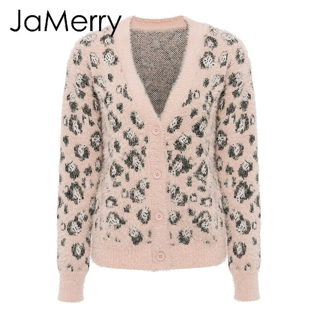 JaMerry Vintage leopard print mohair women cardigan sweater Button knitted female cardigan Long sleeve autumn winter jumper coat