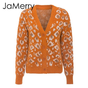 JaMerry Vintage leopard print mohair women cardigan sweater Button knitted female cardigan Long sleeve autumn winter jumper coat