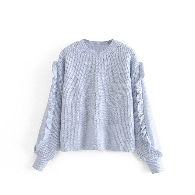 women ruffle long sleeve sweater vintage 2019 autumn winter loose elegant pullovers female knitwear 3H345