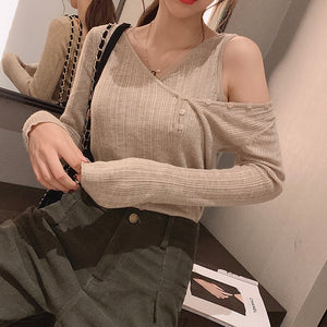 Mishow Autumn Basic Solid Slim Fit Off-the-shoulder Knit Sweater Women VNeck Long Sleeve Pullover Tops MX19D5452