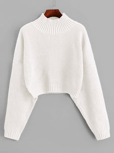 ZAFUL Drop Shoulder High Neck Plain Sweater Short Length Elastic Solid Color Sweater Autumn Winter Warm Women Daily Pullover2019