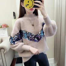Load image into Gallery viewer, Women Sequin Sweaters Bling Bling Mohair Knitted Pullover O-neck Autumn&amp;Winter Casual Long Sleeved Knitwear Woman Jumper SW005
