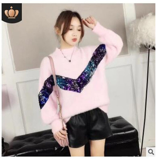 Women Sequin Sweaters Bling Bling Mohair Knitted Pullover O-neck Autumn&Winter Casual Long Sleeved Knitwear Woman Jumper SW005