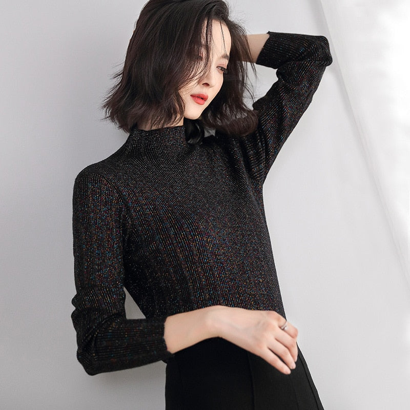 Shiny Thread Women Sweaters and Pullovers Half Turtleneck Slim Fashion Stretch Sweater Pull Femme 2019 Autumn New Women Top