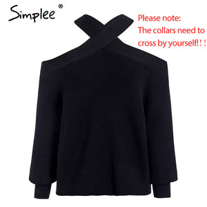 Simplee Sexy halter cold shoulder knitted sweater women Spring casual pullover jumpers sweater Elegant pull femmel sweaters 2020