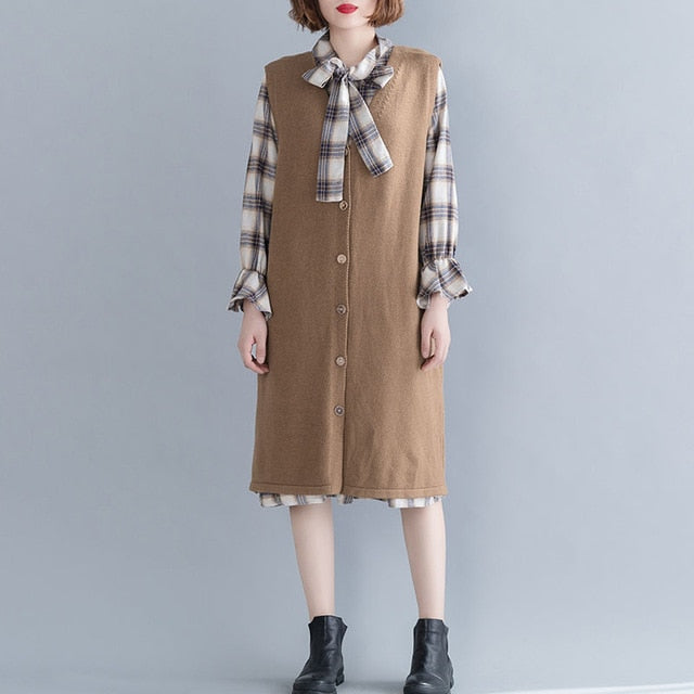 DIMANAF Autumn Winter Plus Size Women Sweater Dress Sleeveless Female Office Lady Vestidos Knitting Wool Loose Solid Button Warm