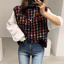 Load image into Gallery viewer, Woherb Fake 2 Piece Women Sweater Shirts Elegant Plaid Knitted Pullovers Patchwork White Puff Sleeve Blouse Korean Fashion
