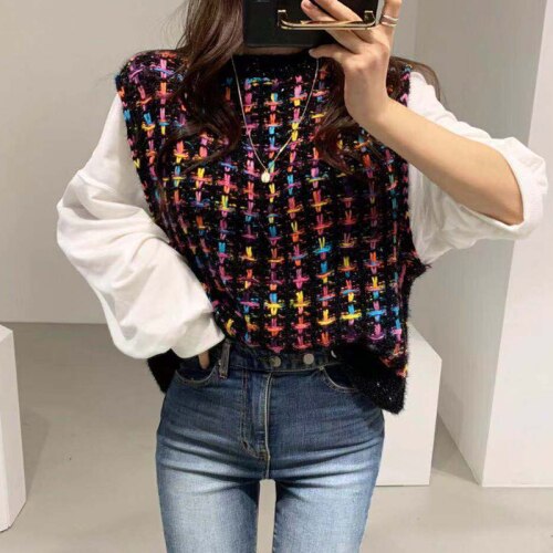 Woherb Fake 2 Piece Women Sweater Shirts Elegant Plaid Knitted Pullovers Patchwork White Puff Sleeve Blouse Korean Fashion