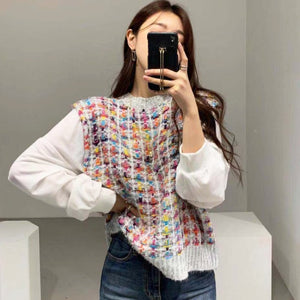 Woherb Fake 2 Piece Women Sweater Shirts Elegant Plaid Knitted Pullovers Patchwork White Puff Sleeve Blouse Korean Fashion