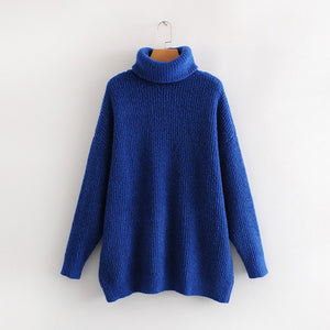 AOEMQ Autumn and Winter New Long Solid Colors Thick Sweater Knit Fluorescent High Collar Loose Pullover Sweater Female