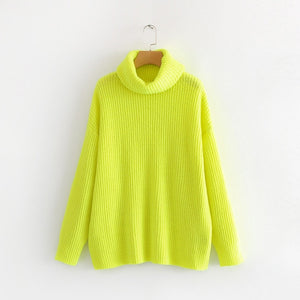 AOEMQ Autumn and Winter New Long Solid Colors Thick Sweater Knit Fluorescent High Collar Loose Pullover Sweater Female