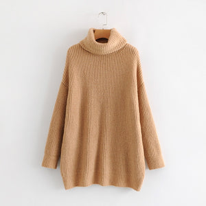 AOEMQ Autumn and Winter New Long Solid Colors Thick Sweater Knit Fluorescent High Collar Loose Pullover Sweater Female