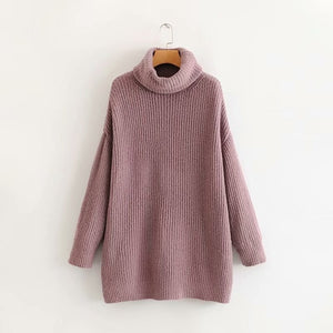 AOEMQ Autumn and Winter New Long Solid Colors Thick Sweater Knit Fluorescent High Collar Loose Pullover Sweater Female