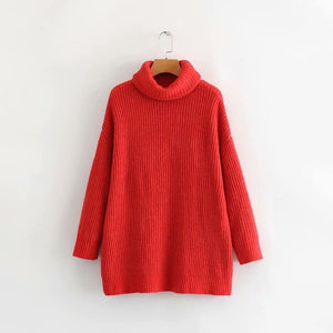 AOEMQ Autumn and Winter New Long Solid Colors Thick Sweater Knit Fluorescent High Collar Loose Pullover Sweater Female