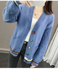 Load image into Gallery viewer, Women Autumn White Black Yellow Red Blue V-neck Pocket Buttons Cardigan Sweater Teenage Student Girls Knitted Slim Jacket Coat
