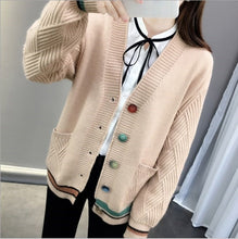 Load image into Gallery viewer, Women Autumn White Black Yellow Red Blue V-neck Pocket Buttons Cardigan Sweater Teenage Student Girls Knitted Slim Jacket Coat
