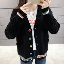 Load image into Gallery viewer, Women Autumn White Black Yellow Red Blue V-neck Pocket Buttons Cardigan Sweater Teenage Student Girls Knitted Slim Jacket Coat
