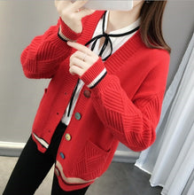 Load image into Gallery viewer, Women Autumn White Black Yellow Red Blue V-neck Pocket Buttons Cardigan Sweater Teenage Student Girls Knitted Slim Jacket Coat
