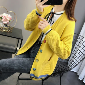 Women Autumn White Black Yellow Red Blue V-neck Pocket Buttons Cardigan Sweater Teenage Student Girls Knitted Slim Jacket Coat