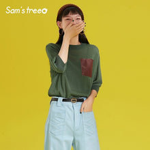 Load image into Gallery viewer, Samstree Half Sleeve Leather Pockets Patchwork Korean Style Women Sweater 2019 Autumn Knitted Top Casual Loose Female Sweaters
