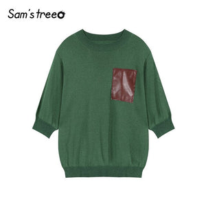 Samstree Half Sleeve Leather Pockets Patchwork Korean Style Women Sweater 2019 Autumn Knitted Top Casual Loose Female Sweaters