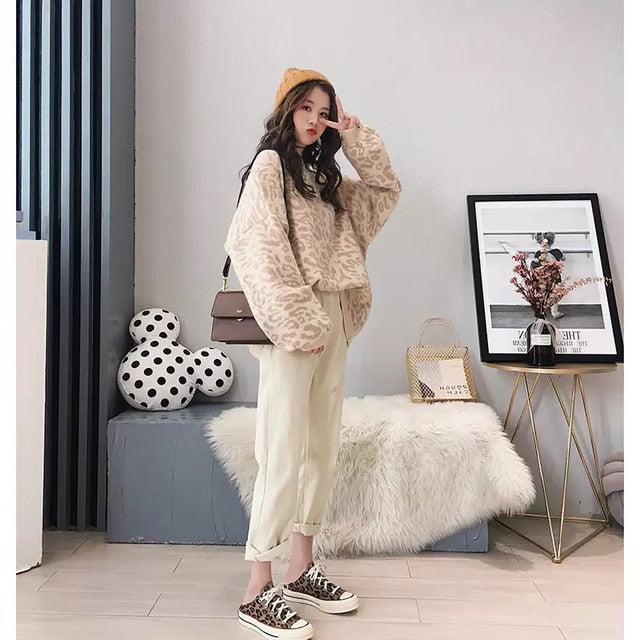 HSA 2018 Autumn Winter Women Leopard Pullover and Sweaters Round Neck Oversize Sweater Jumpers Casual Leopard Korean Pull Femme