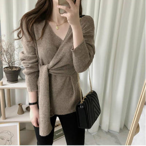 Women Autumn Sexy V Neck Pullover lacing Sweater Female Jumper Long Sleeve Knitted Tops Pull Femme Hiver Sueter Mujer