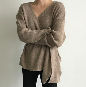 Women Autumn Sexy V Neck Pullover lacing Sweater Female Jumper Long Sleeve Knitted Tops Pull Femme Hiver Sueter Mujer